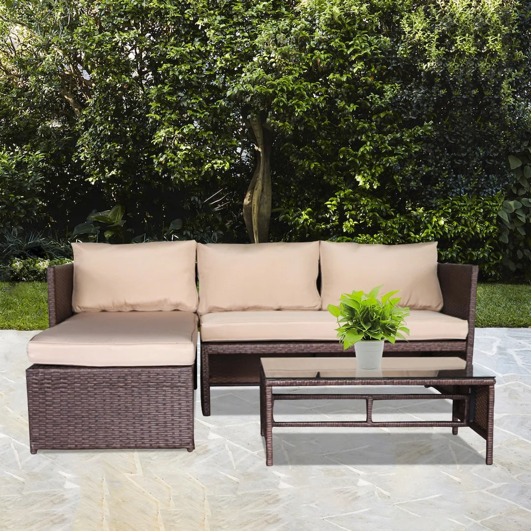 Rattan Sofa 3 Pieces Wood PE Wicker Ottoman With Coffee Table Patio Sofa Set T2190