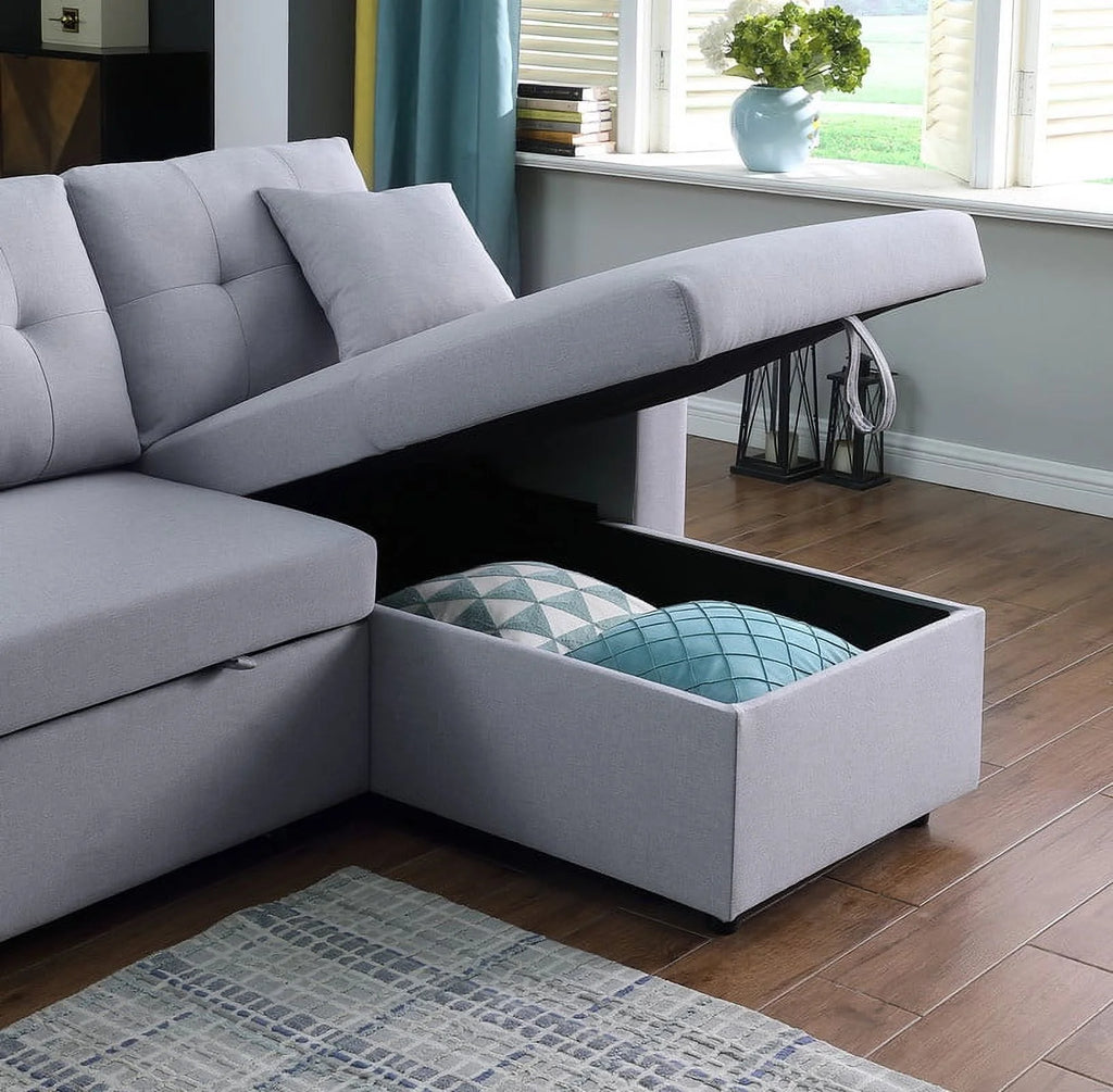 Light Gray Linen Fabric Reversible Sleeper Sectional with Storage Chaise and 2 Stools Z51049