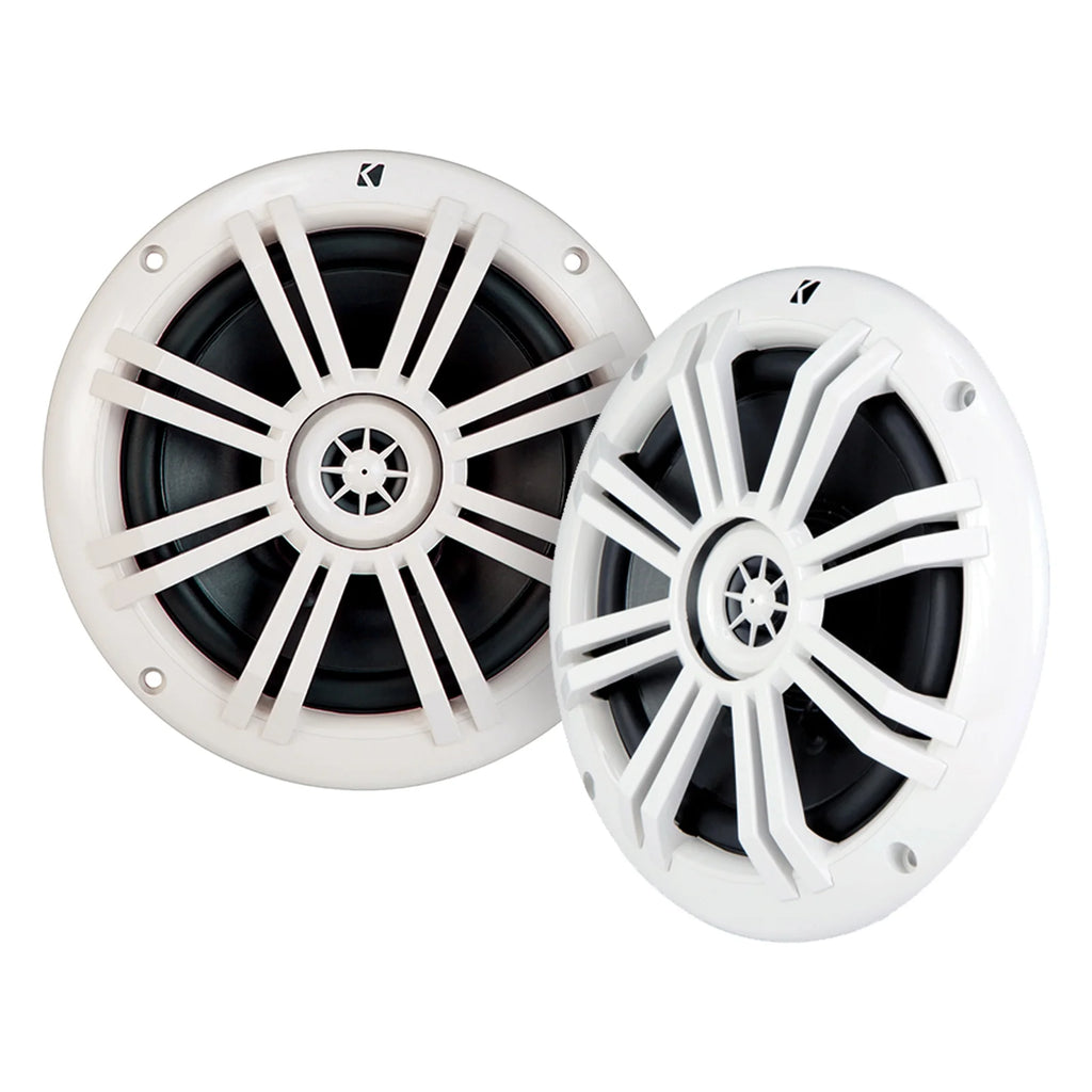 4x Kicker KM60 6.5-Inch Marine White Coaxial Speakers, 4x Kicker Marine KMTESW Tower Enclosure for 6.5-Inch Drivers White, Enrock Audio Marine Grade Spool of 50 Foot 16-Gauge Speaker Wire A4308