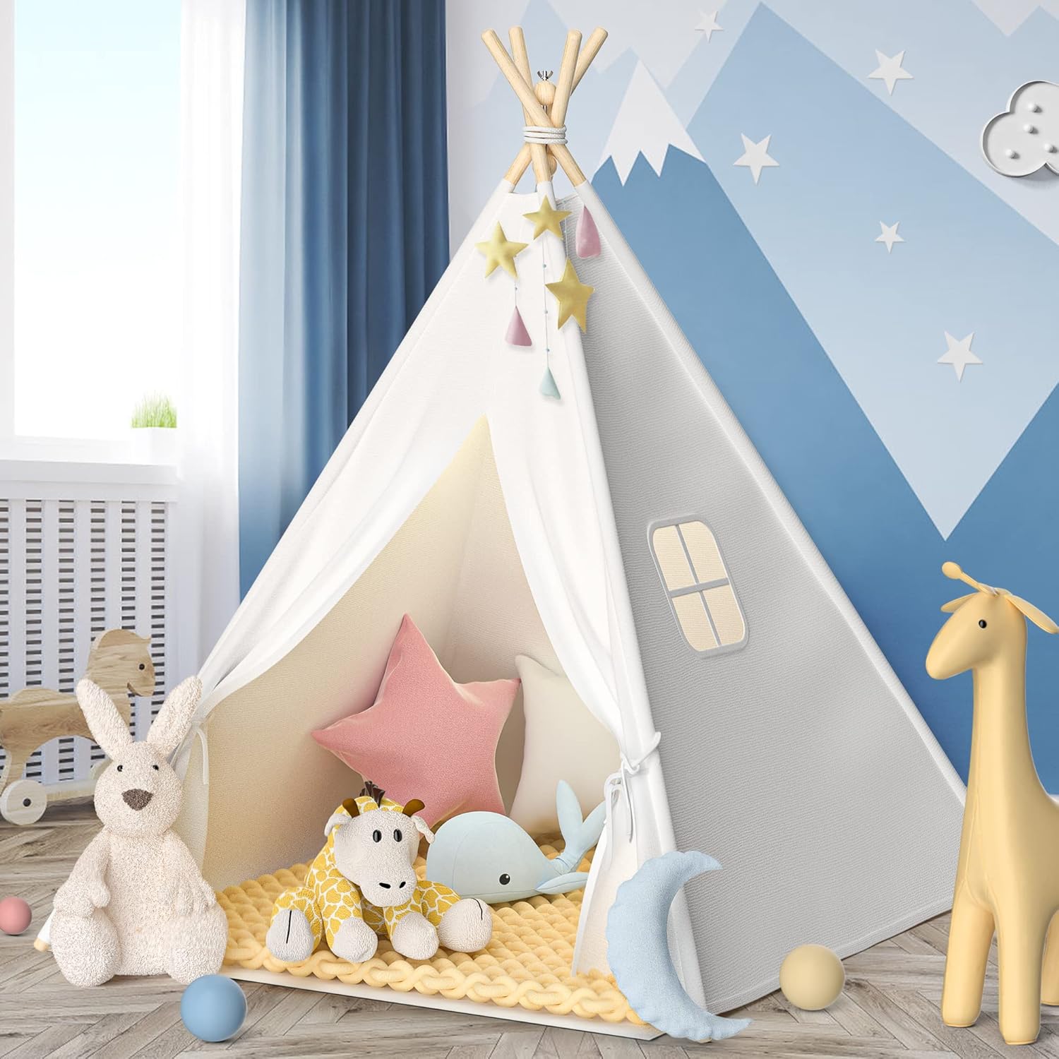 White Natural Canvas Kids Teepee Play Tent with Mat & Lights Strip L9439