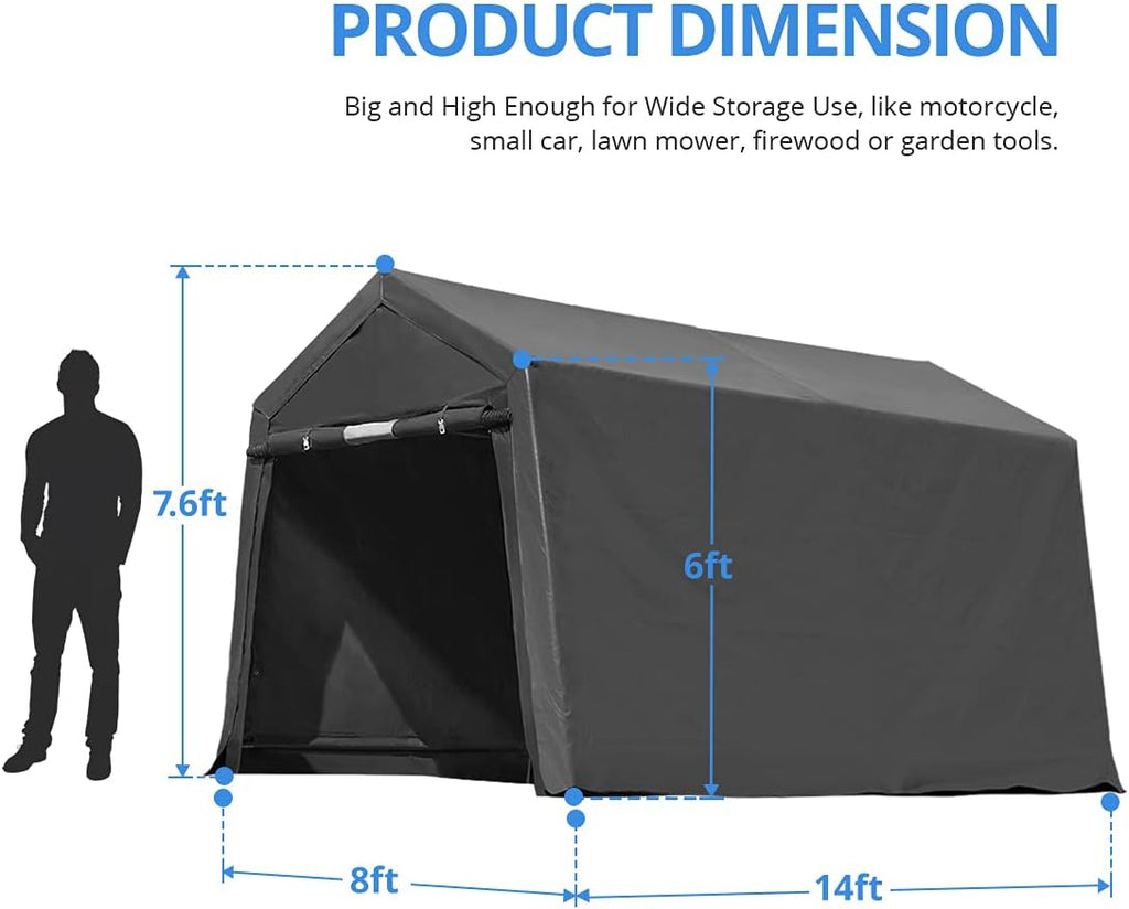 Gray Steel Metal Peak Roof Portable Garage Shelter Storage Shed Carport with 2 Roll up Doors R413271