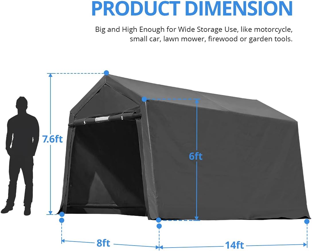 Gray Steel Metal Peak Roof Portable Garage Shelter Storage Shed Carport with 2 Roll up Doors R413271
