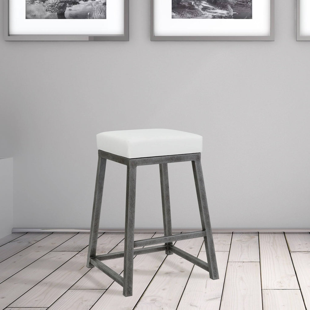 26x22 Counter Height Metal Backless Barstool in Aspen Pure White Bonded Leather and Silver Bisque Finish I529