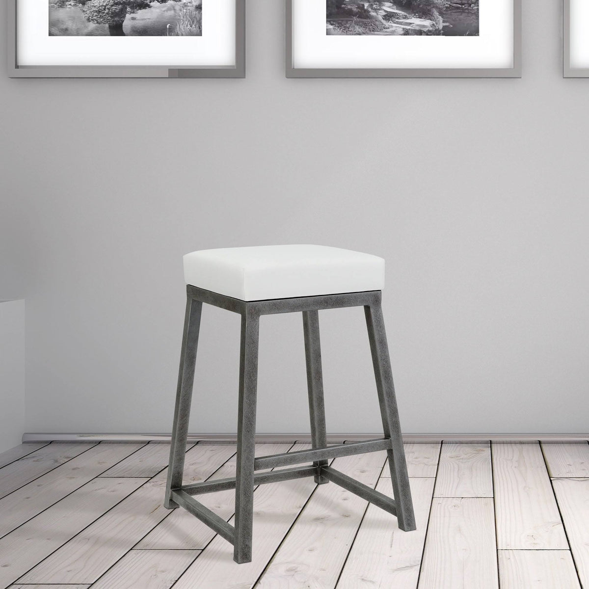 26x22 Counter Height Metal Backless Barstool in Aspen Pure White Bonded Leather and Silver Bisque Finish I529
