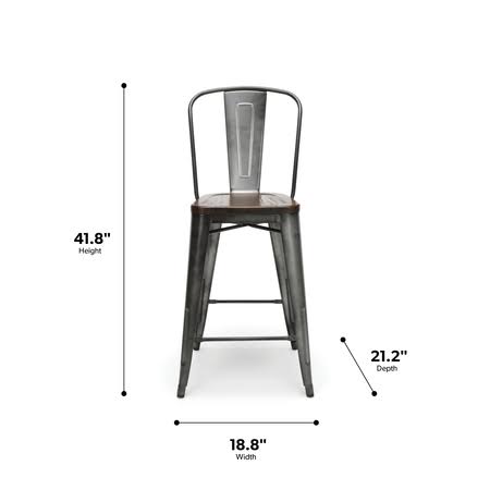 Industrial Modern 4 Pack 26x22 High Back Metal Bar Stools with Solid Ash Wood Seats M101
