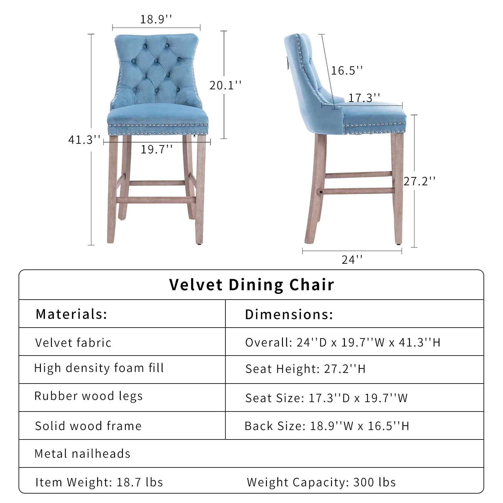 Velvet Bar Stools Set of 2, 27" Seat Height, Tufted Back, Wood Frame, Light Blue Q839