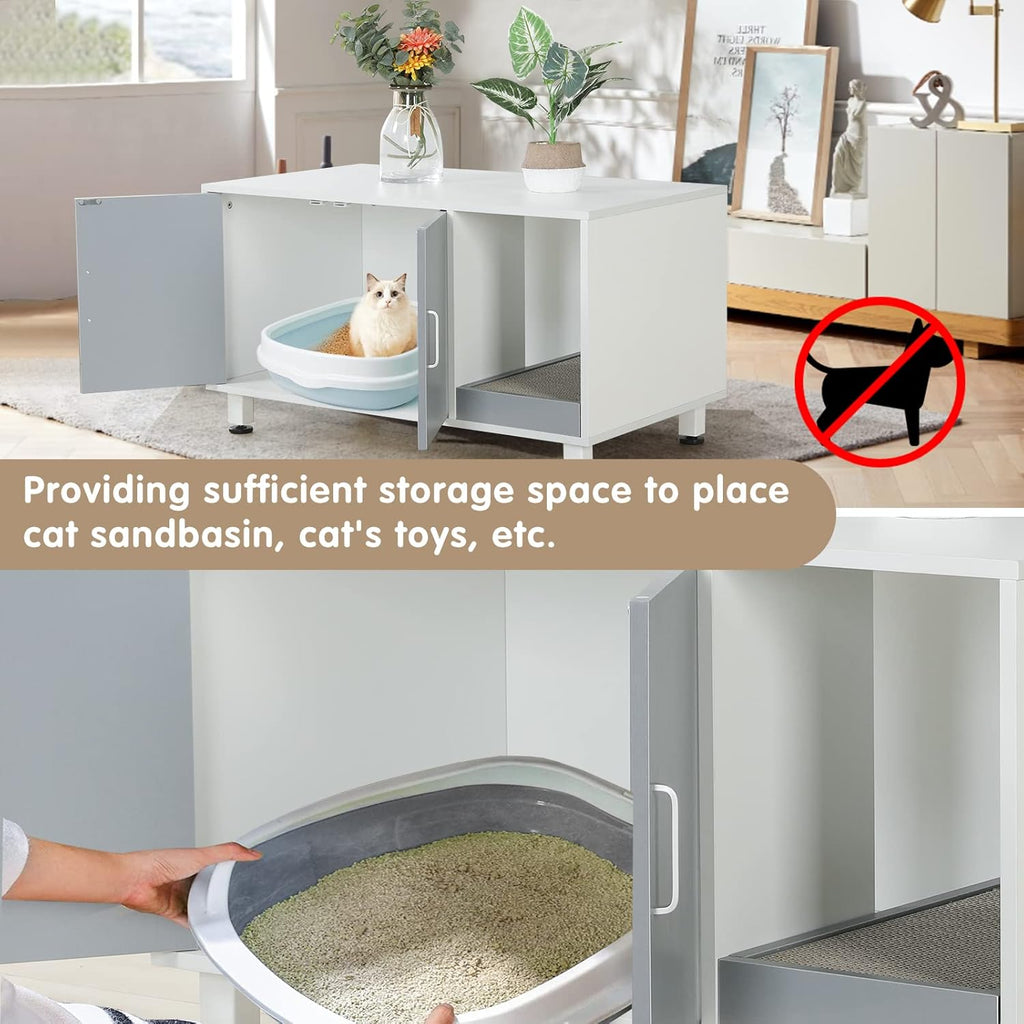 White & Grey Cat Litter Box Furniture Storage Bench Q750