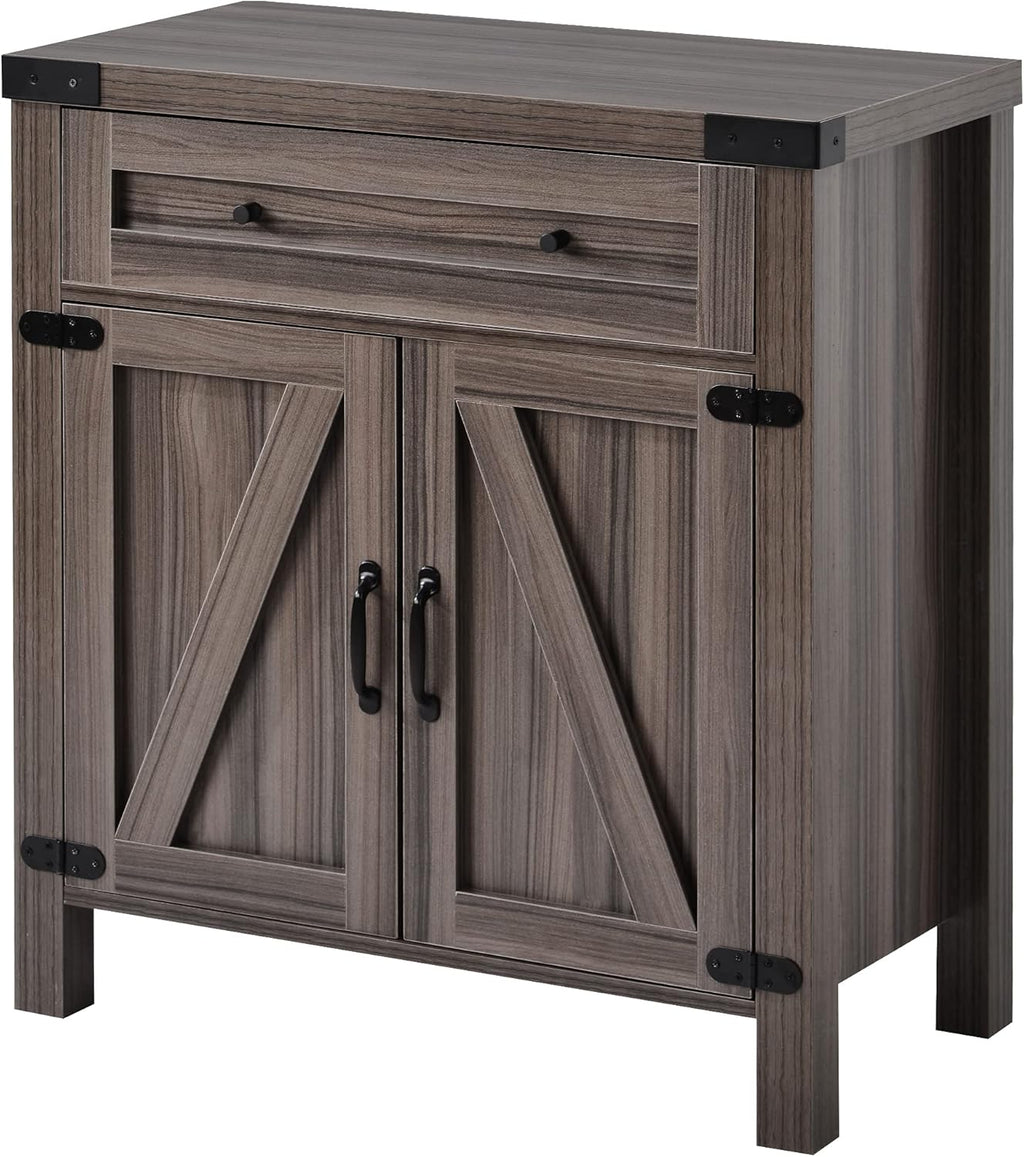 Farmhouse Barn Doors Storage Cabinet with Storage Drawer and Metal Handles, Dark Brown D145059