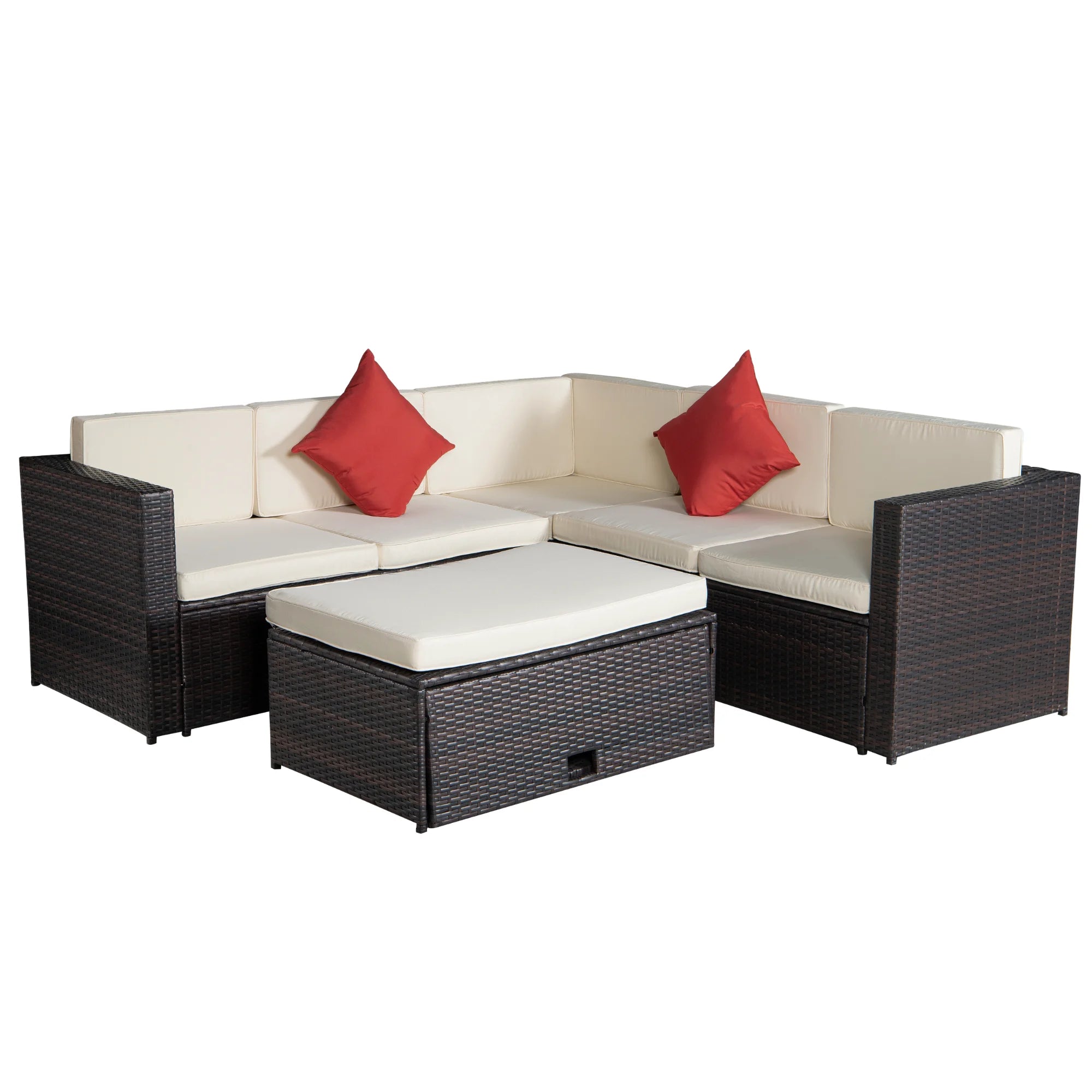 4-Piece Brown Poly Rattan Sectional Sofa Set with Table Q89686