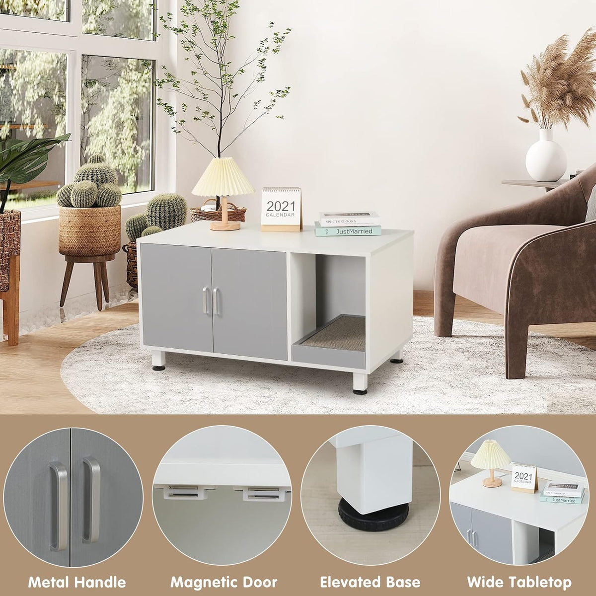 White & Grey Cat Litter Box Furniture Storage Bench Q750