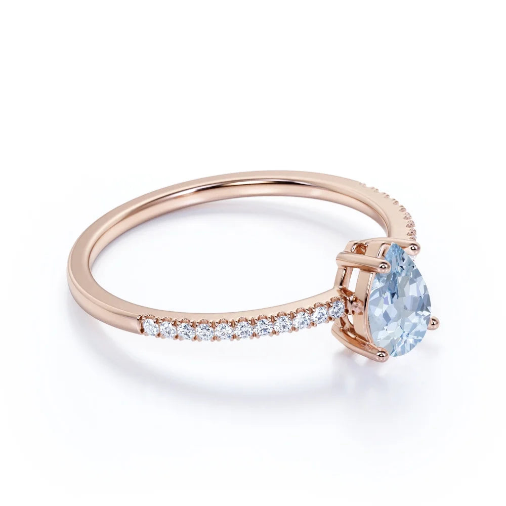 1 Carat Pear Shaped Aquamarine Promise Ring in 18k Rose Gold over Silver Y7598