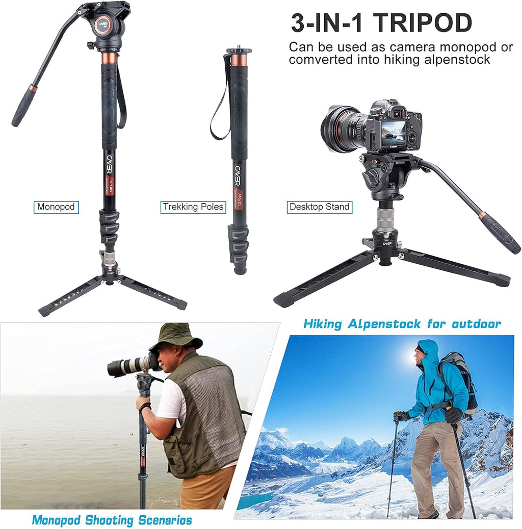 Aluminum Telescopic Camera Monopod with Pan Tilt Fluid Head and 3-Leg Tripod Base N63174