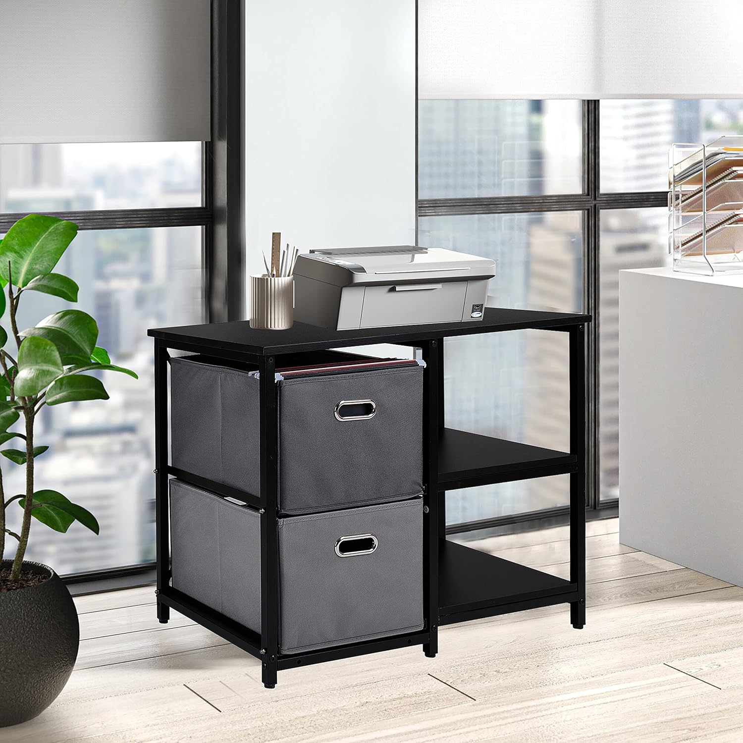 Black 2 Drawer Wooden Lateral File Cabinet with 2 Open Shelves H480