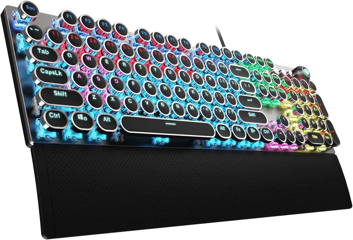 Retro Mechanical Gaming Keyboard, 104 Keys, RGB Rainbow Backlit, USB Wired, Blue Switch O42655