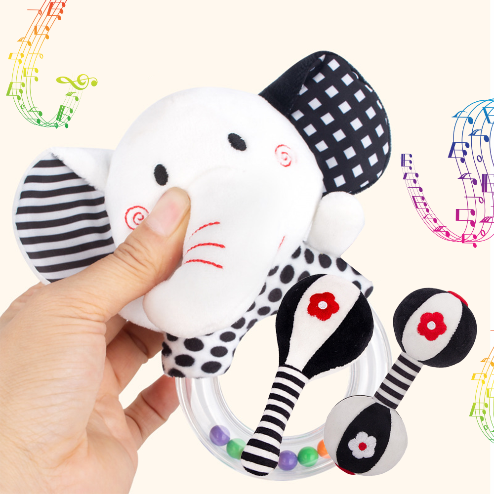 3PCS Soft Baby Rattles High Contrast Black and White Plush Rattle Toy C509
