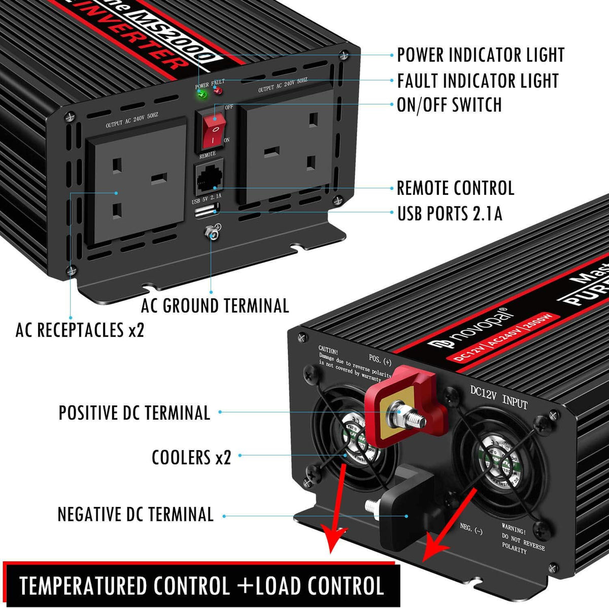 2000 Watt Pure Sine Wave Power Inverter 12V DC to 110V Car Inverter with Remote Control A38116