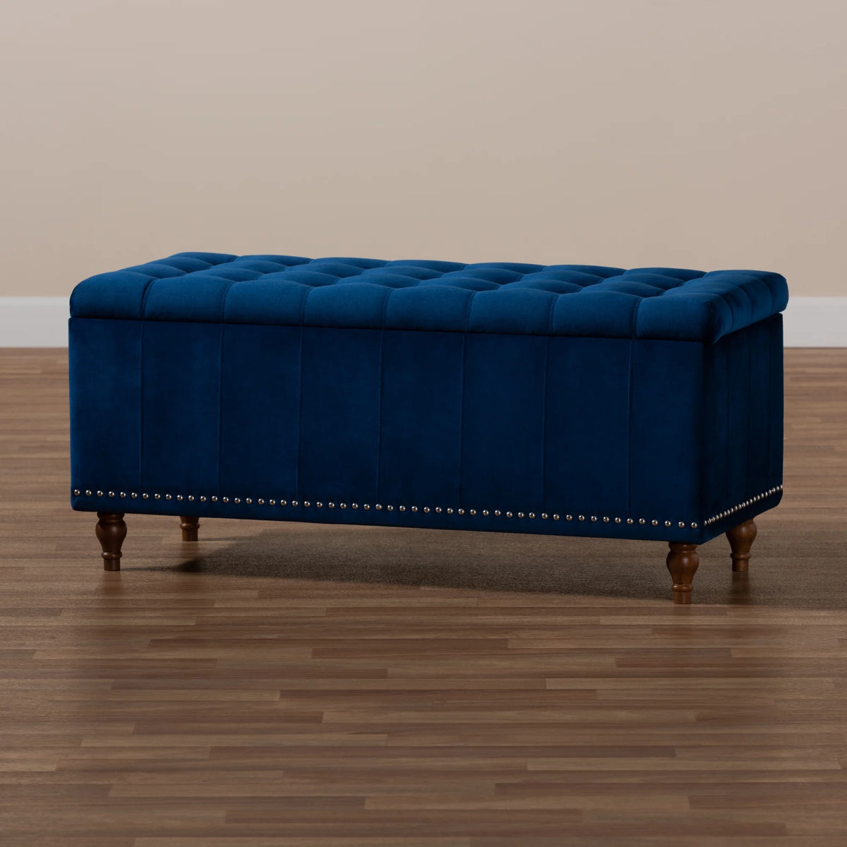 Navy Blue Velvet Button-Tufted Storage Ottoman Bench V6209