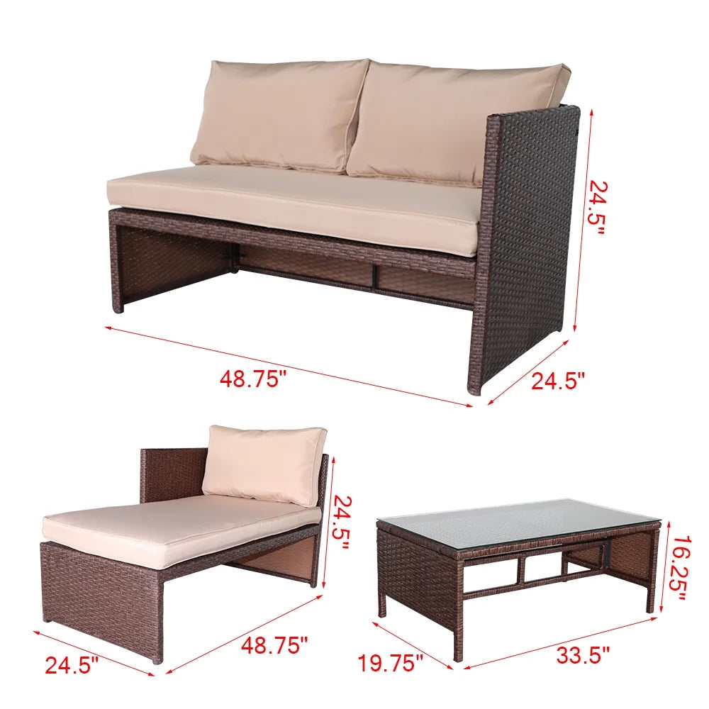 Rattan Sofa 3 Pieces Wood PE Wicker Ottoman With Coffee Table Patio Sofa Set T2190