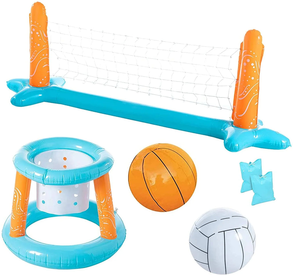 Light Blue Inflatable Volleyball Net & Basketball Hoops Pool Float Set Q4910