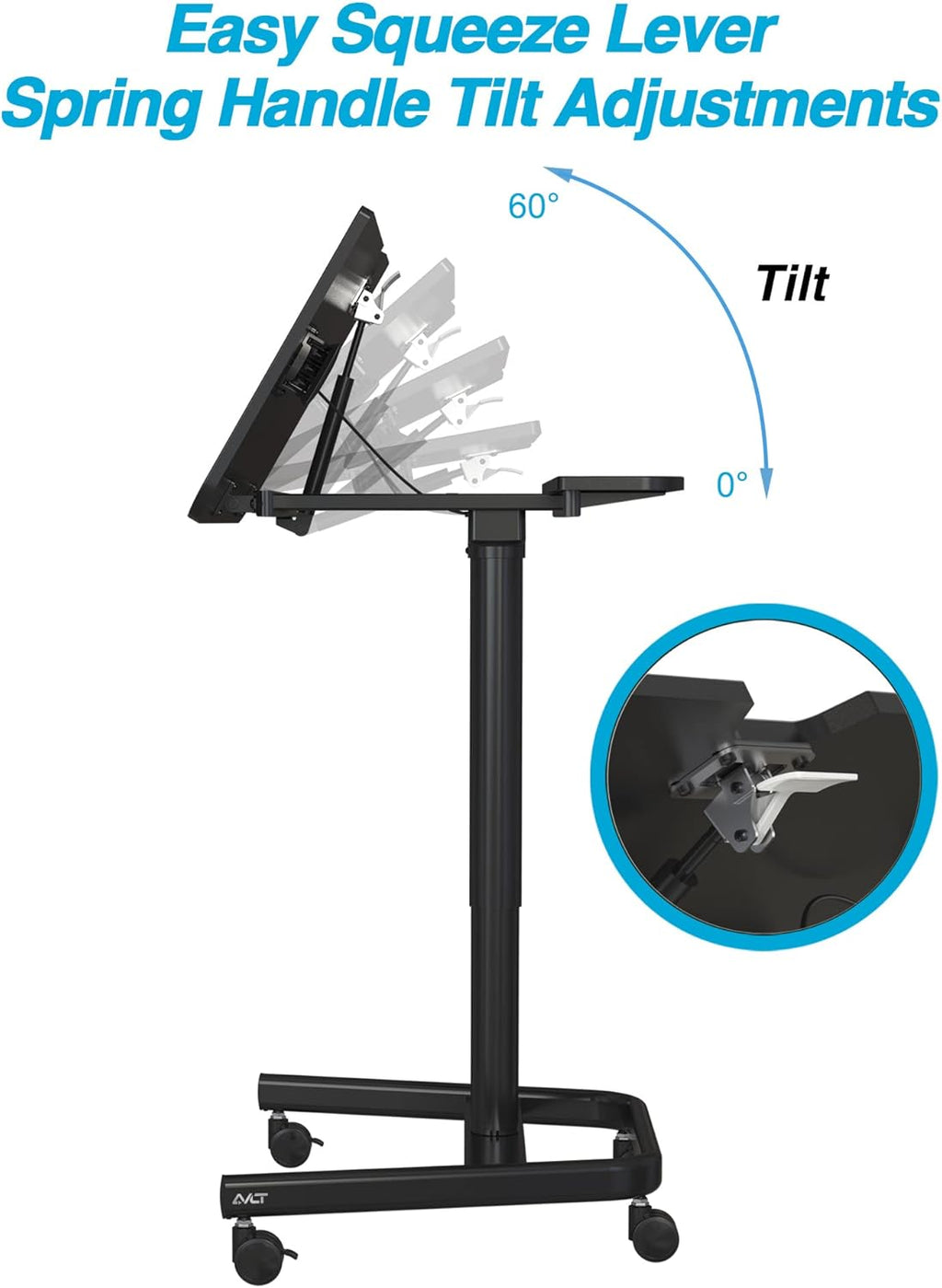 47 Ambidextrous Mobile Standing Desk with Split Top Tilting Tray, Pneumatic Laptop Cart, Black Cart with Brake Casters Z4706