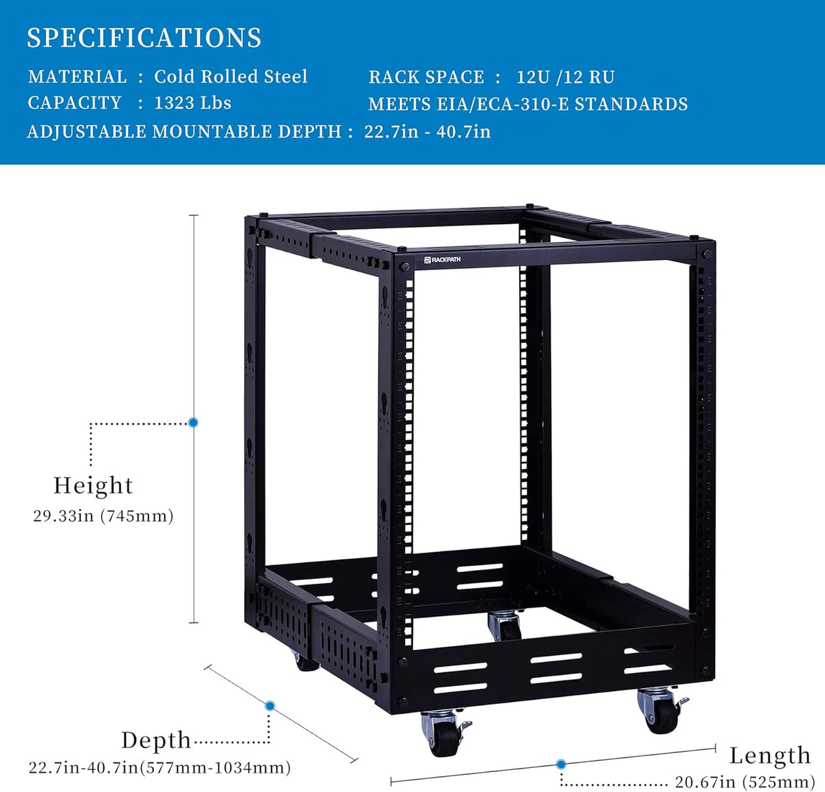 12U Open Frame Server Rack, Heavy Duty 4 Post Adjustable Depth with Casters U658