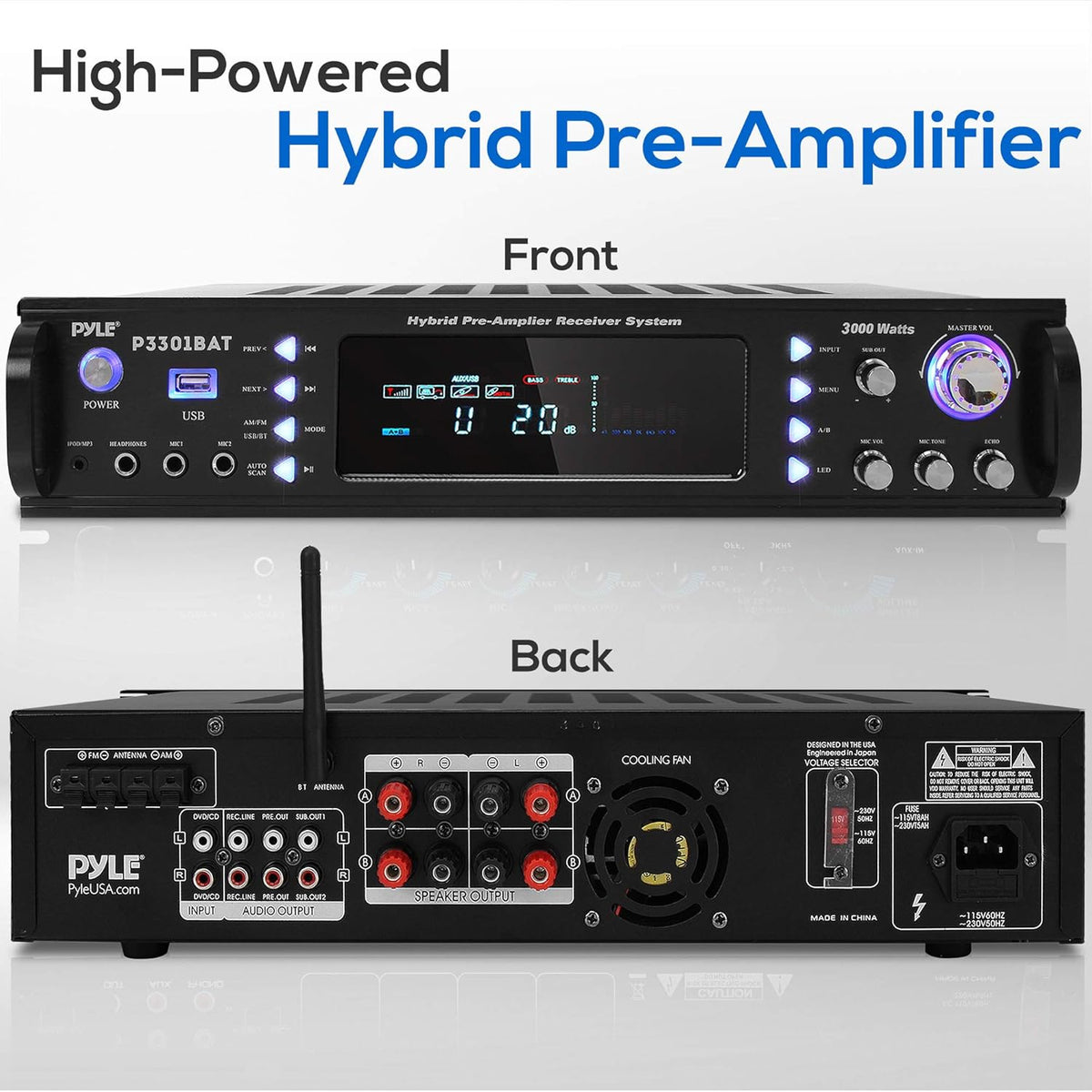 Wireless Bluetooth Stereo Amplifier with AM/FM Radio, MP3/USB, AUX, RCA, Karaoke Mic in, Rack Mount, Remote X41283