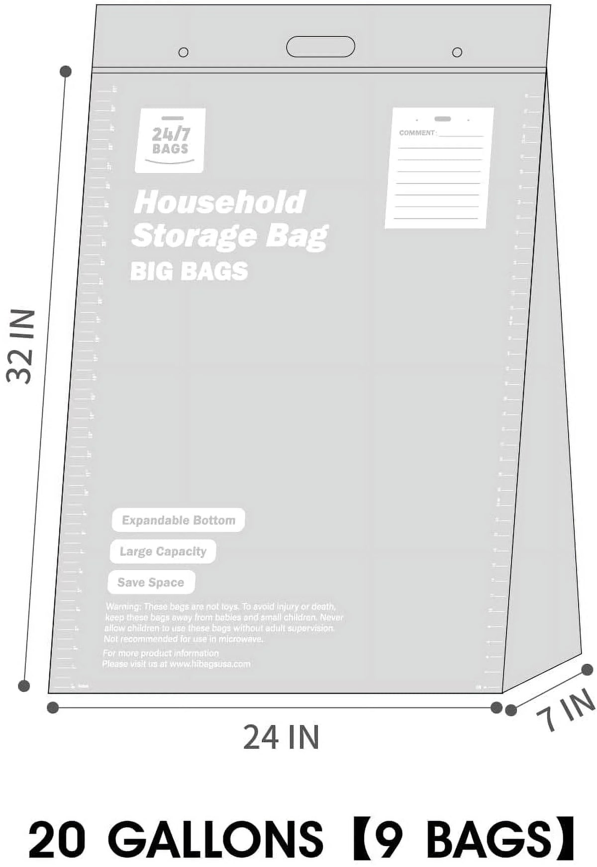 XXL Storage Bags, 20 Gallons, 9 Count, with Carry Handle G229