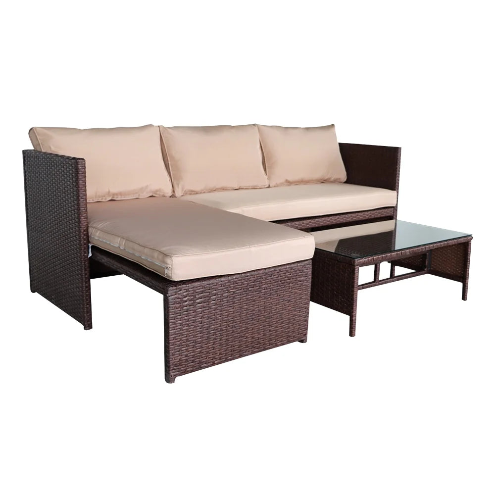 Rattan Sofa 3 Pieces Wood PE Wicker Ottoman With Coffee Table Patio Sofa Set T2190