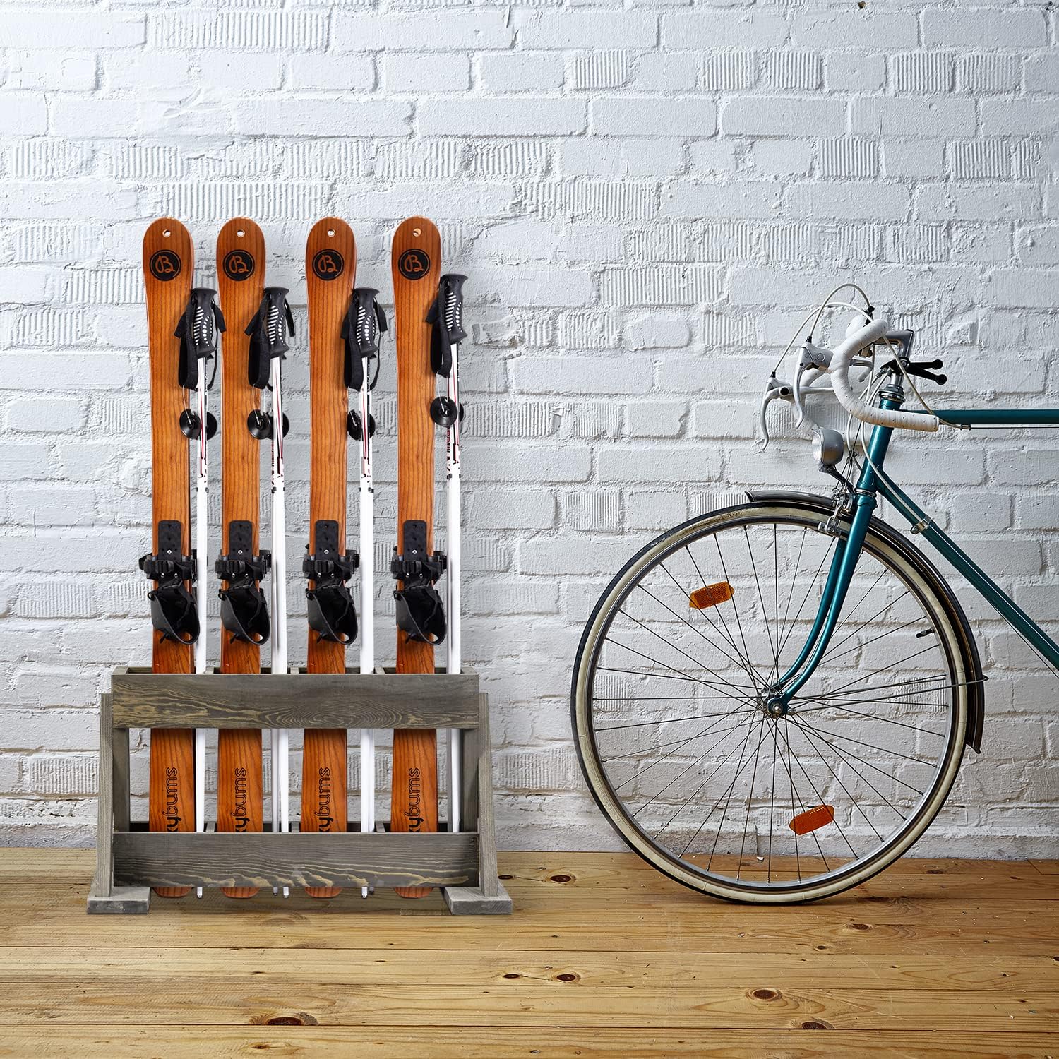4-Slot Gray Wood Ski and Snowboard Storage Rack H3983