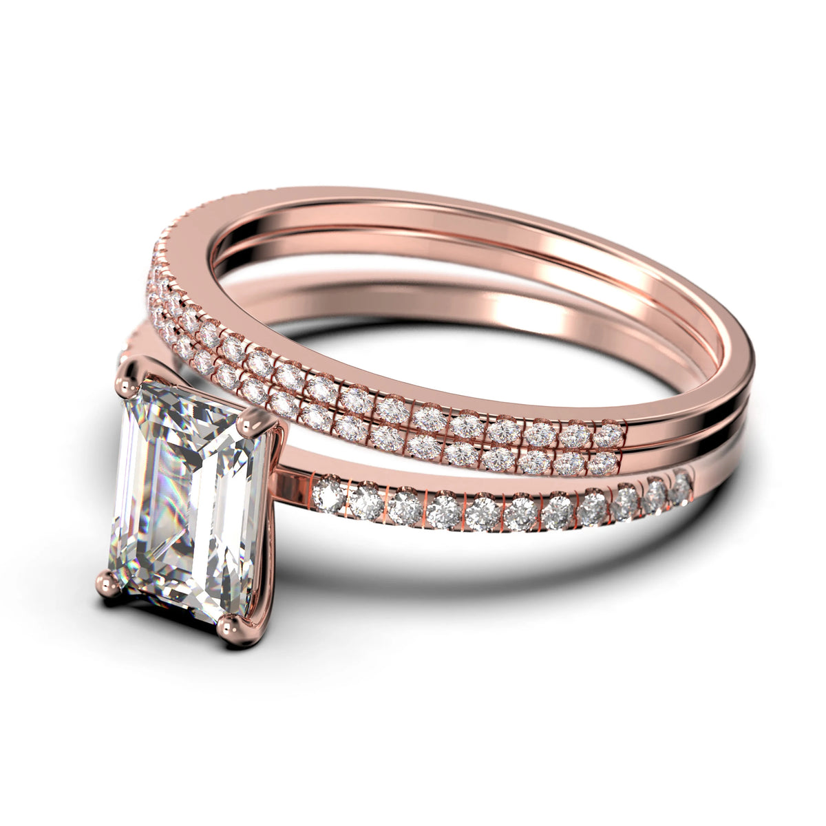Emerald Cut Diamond Moissanite Engagement Ring Set In 10K Solid Rose Gold E4084