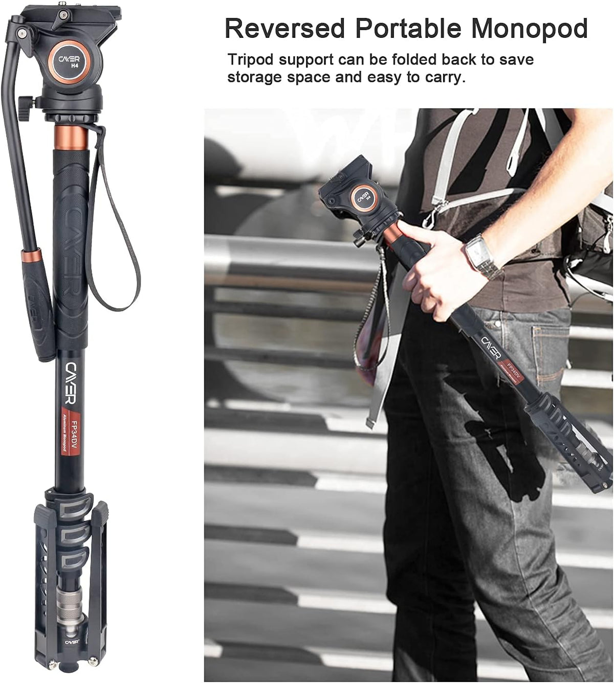 Aluminum Telescopic Camera Monopod with Pan Tilt Fluid Head and 3-Leg Tripod Base N63174