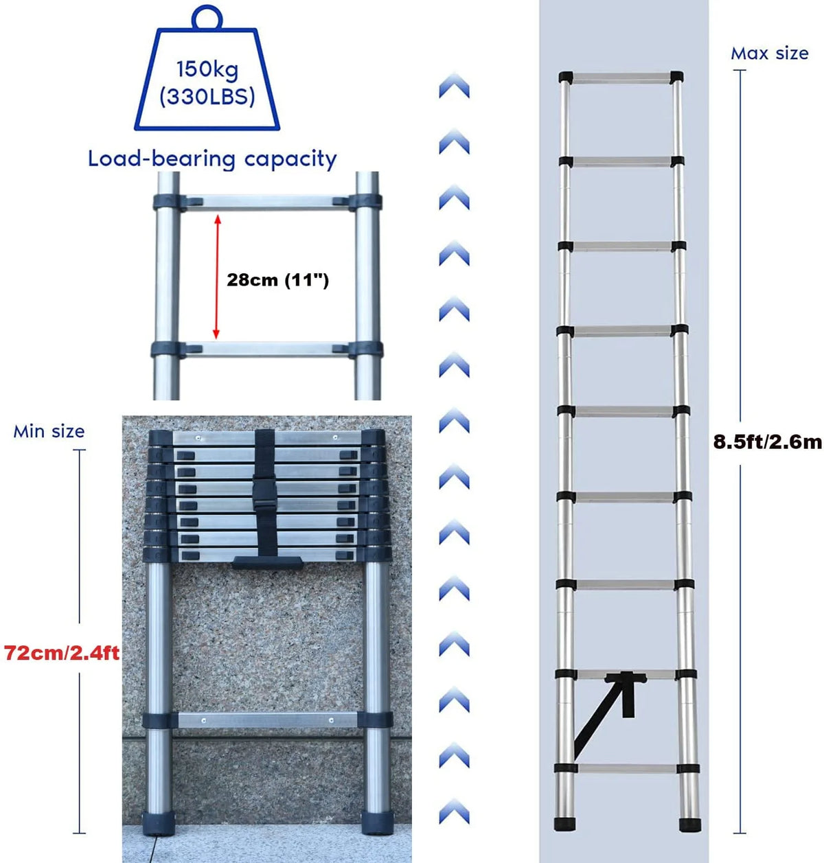 Stainless Steel Telescoping Folding Ladder 330lb Load Capacity U38883