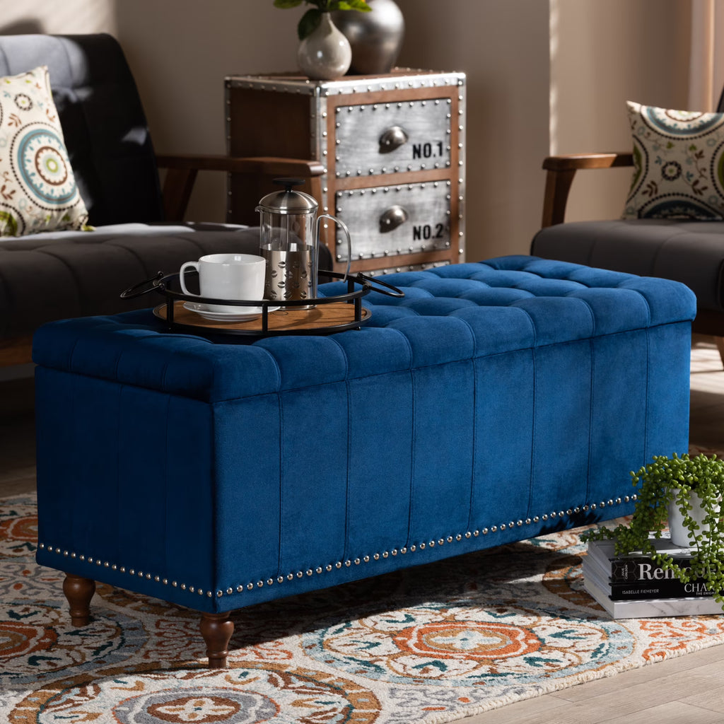 Navy Blue Velvet Button-Tufted Storage Ottoman Bench V6209