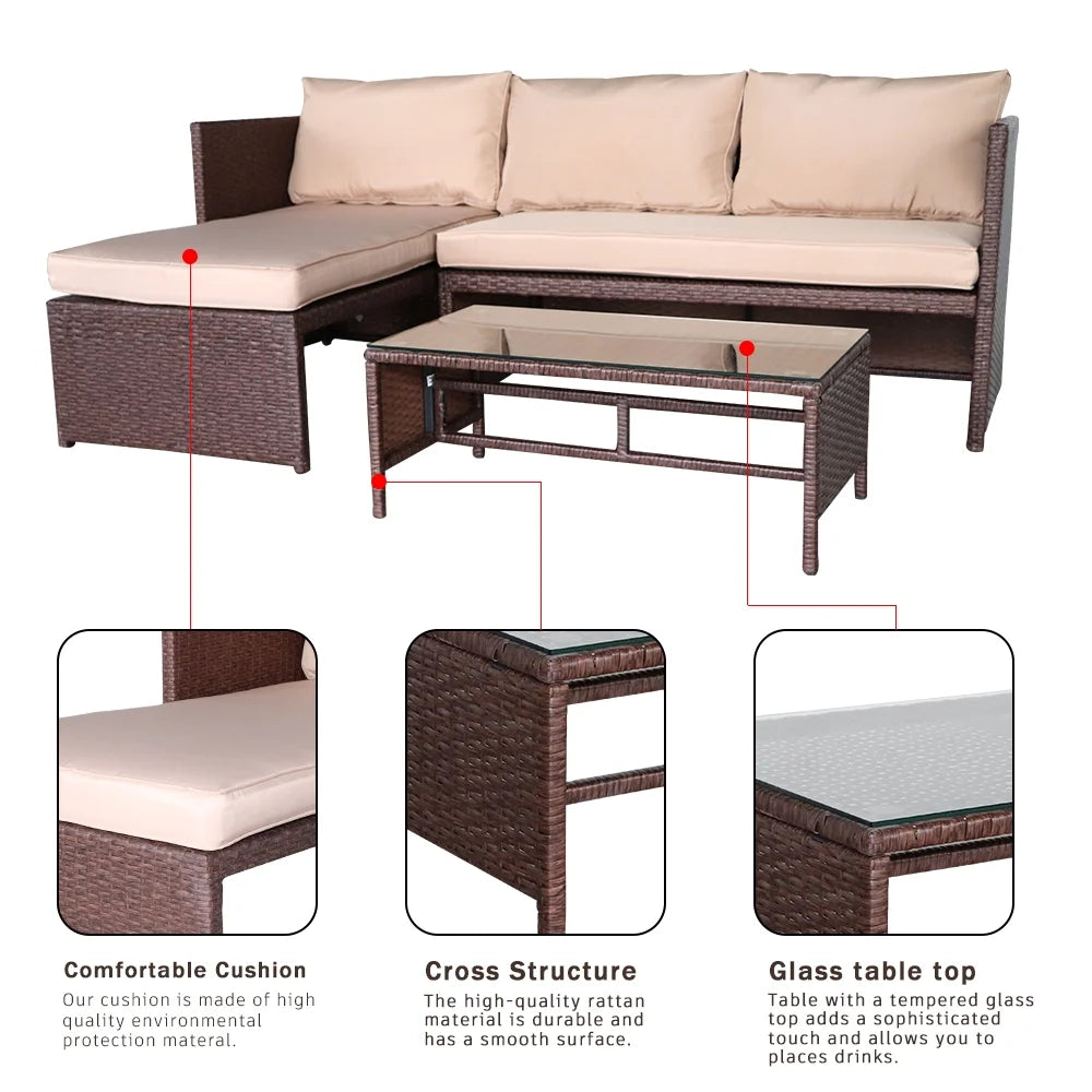 Rattan Sofa 3 Pieces Wood PE Wicker Ottoman With Coffee Table Patio Sofa Set T2190