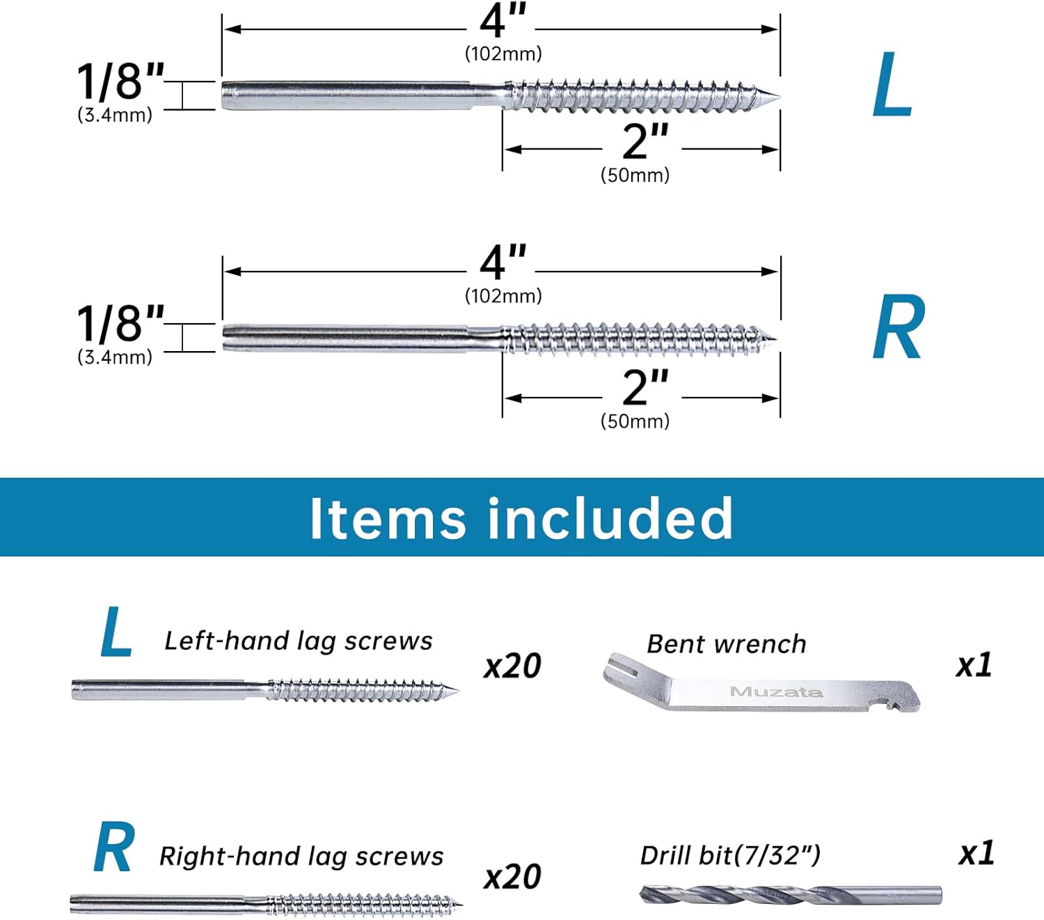 80Pack 1/8 Swage Lag Screws Left & Right Cable Railing Hardware Kit T316 Stainless Steel G253665